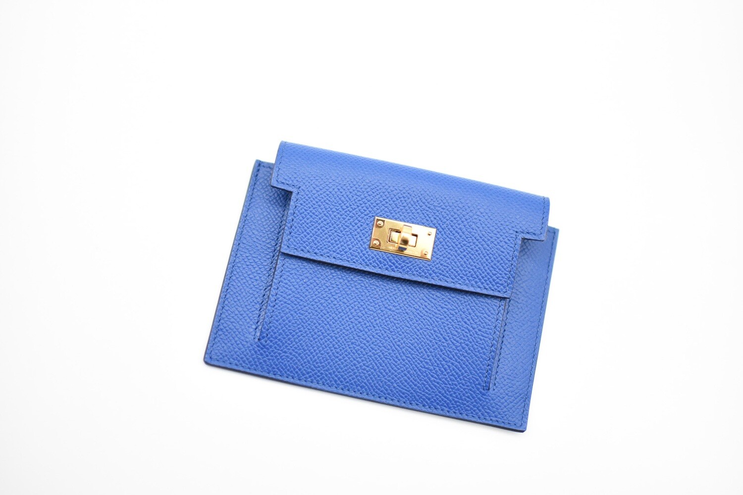 Hermes SLG Kelly Pocket Wallet, Blue France with Gold Hardware, New in Box MA001