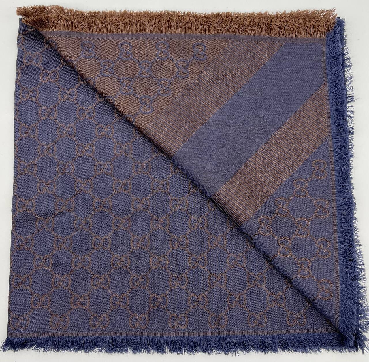 Gucci Scarf with Fringe, Navy and Brown, New No Dustbag