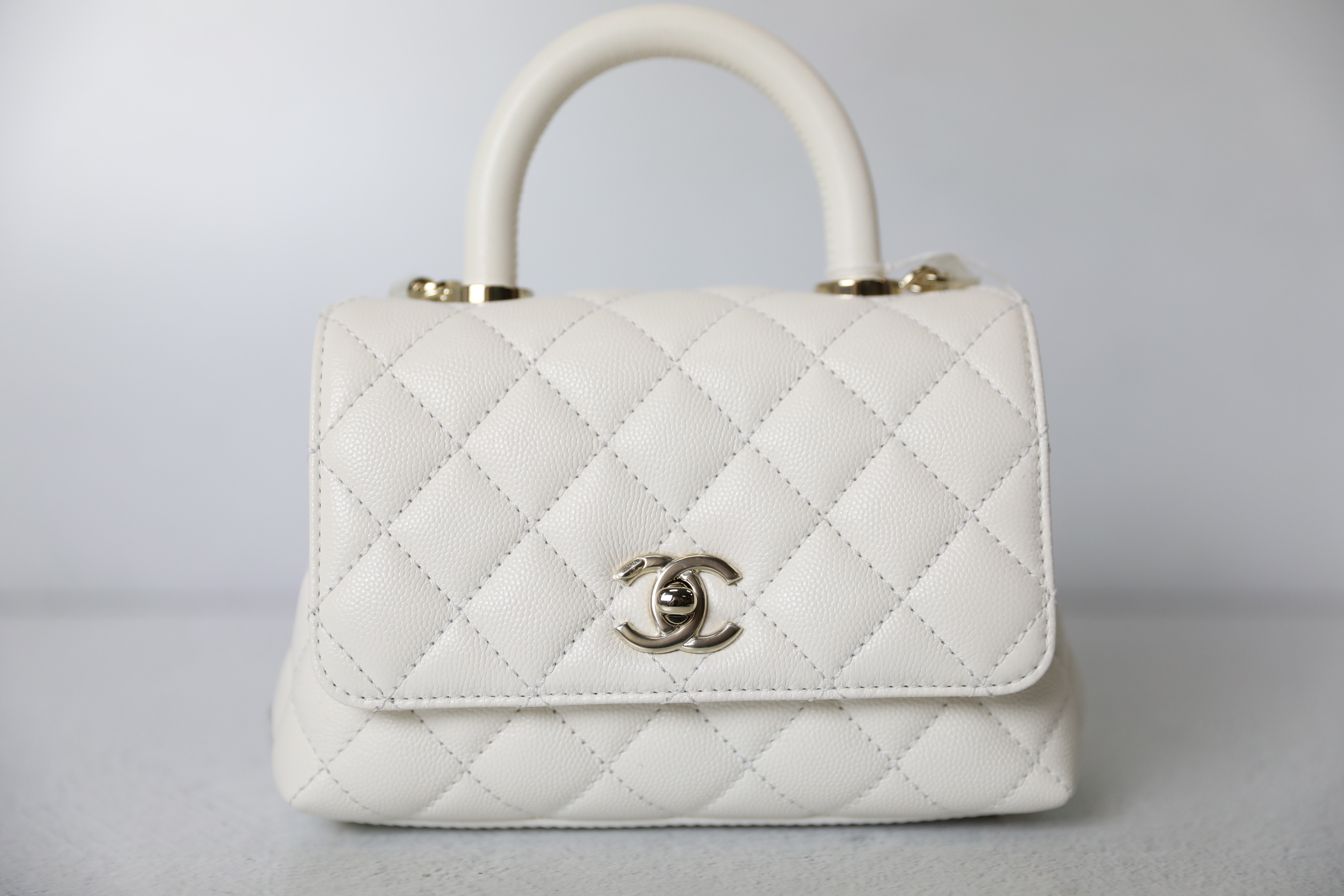 Chanel Coco Handle, Extra Mini, White Caviar with Gold Hardware