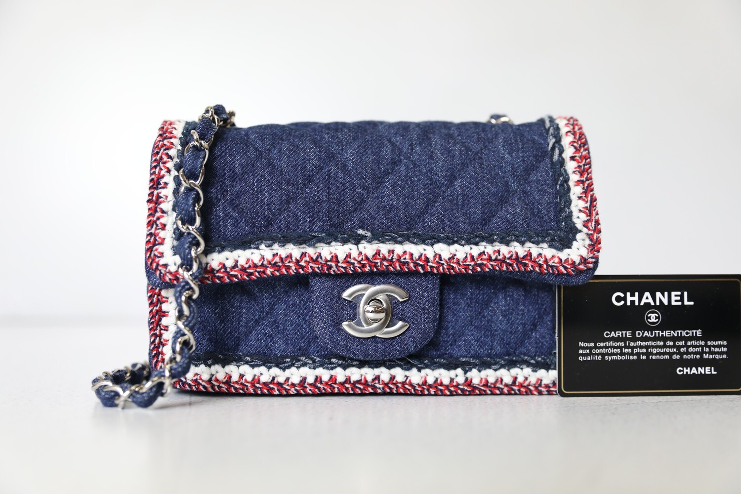 Chanel Mini Flap, Blue Denim with Red and White Stitching, New in Dustbag  WA001