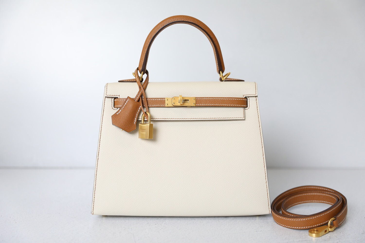 Hermes Kelly 25 Sellier, Craie (Ivory/White) and Gold (Tan/Caramel) Epsom  Leather with Brushed Gold Hardware, New in Box WA001 - Julia Rose Boston