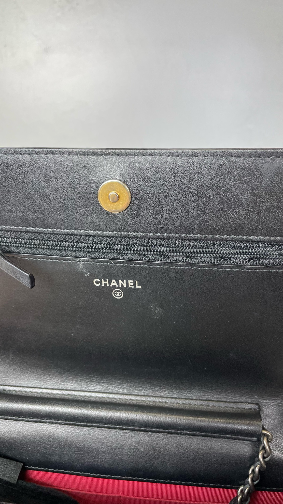 Chanel Gabrielle Wallet on Chain, Beige and Black, Preowned in