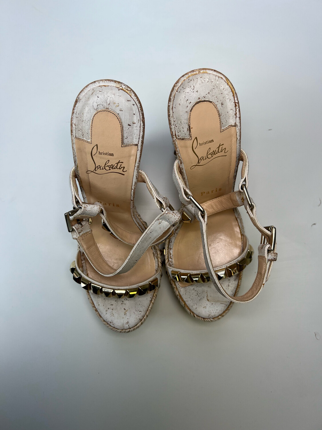 Christian Louboutin Shoe, Gold Stud Wedge, Size 39, Preowned, WA001