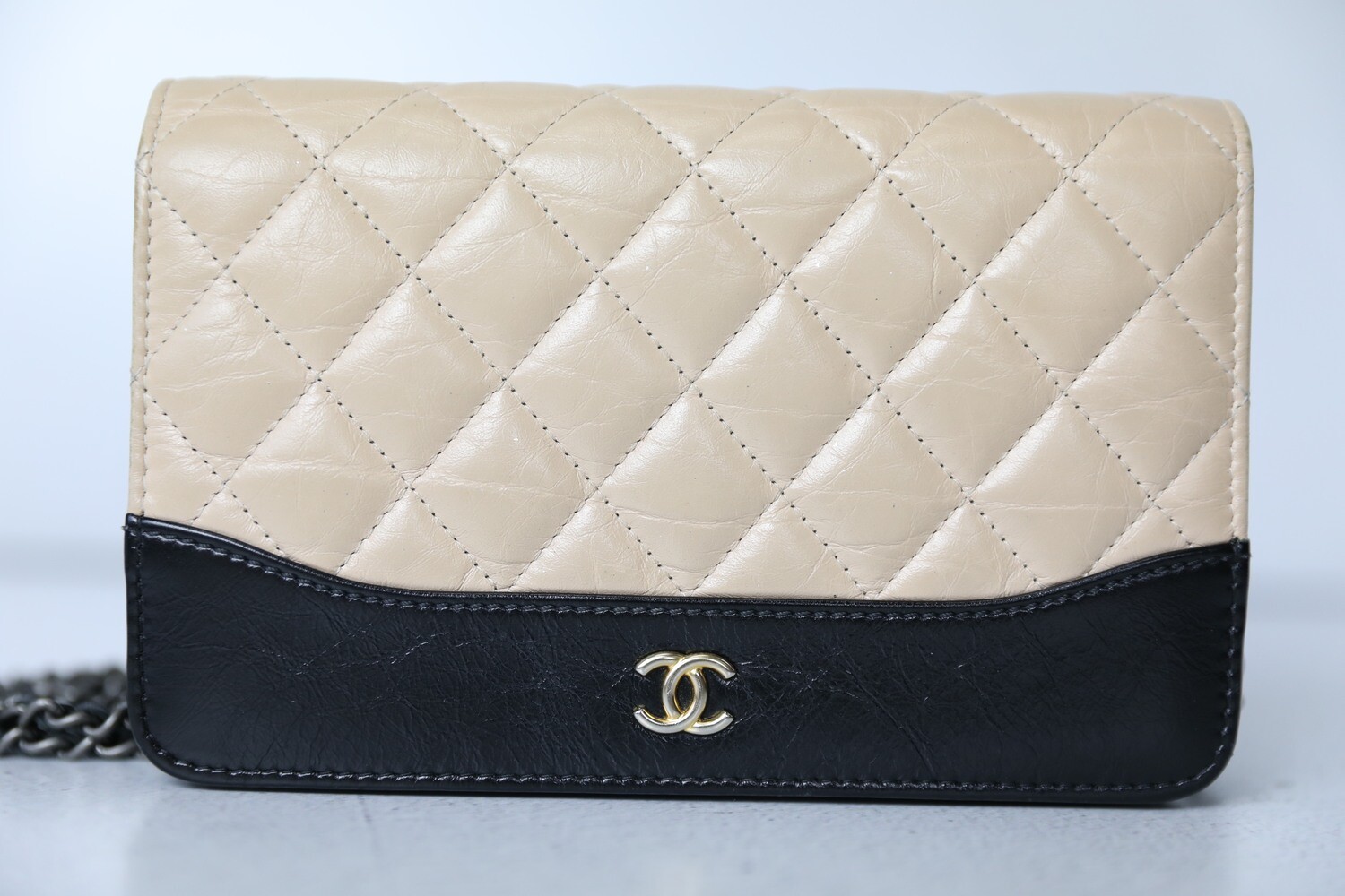 Chanel Gabrielle Wallet on Chain, Beige and Black, Preowned in