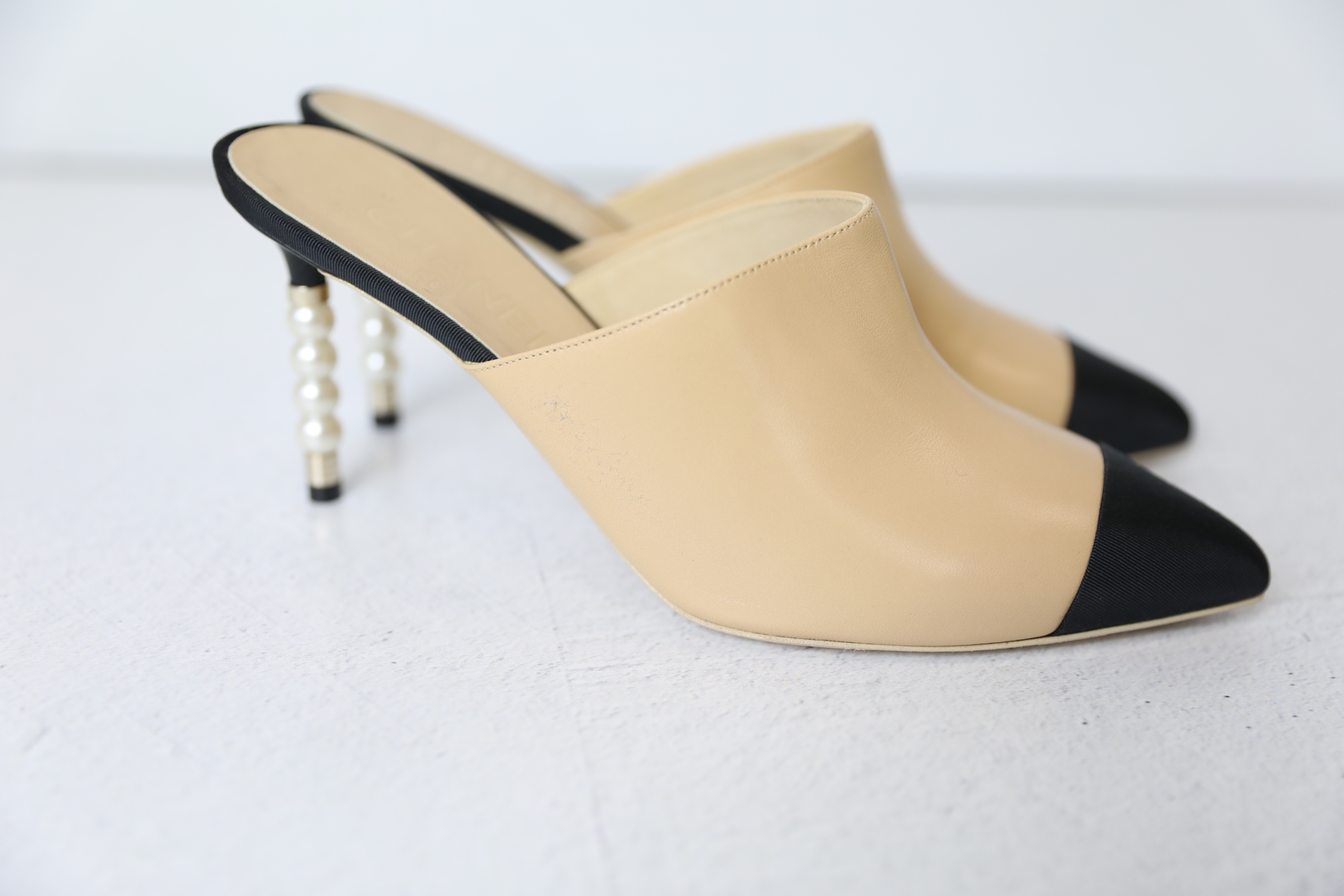 Chanel Shoes Pointed Mules with Pearl Heels, Beige and Black, Size 39, New  in Box WA001 - Julia Rose Boston
