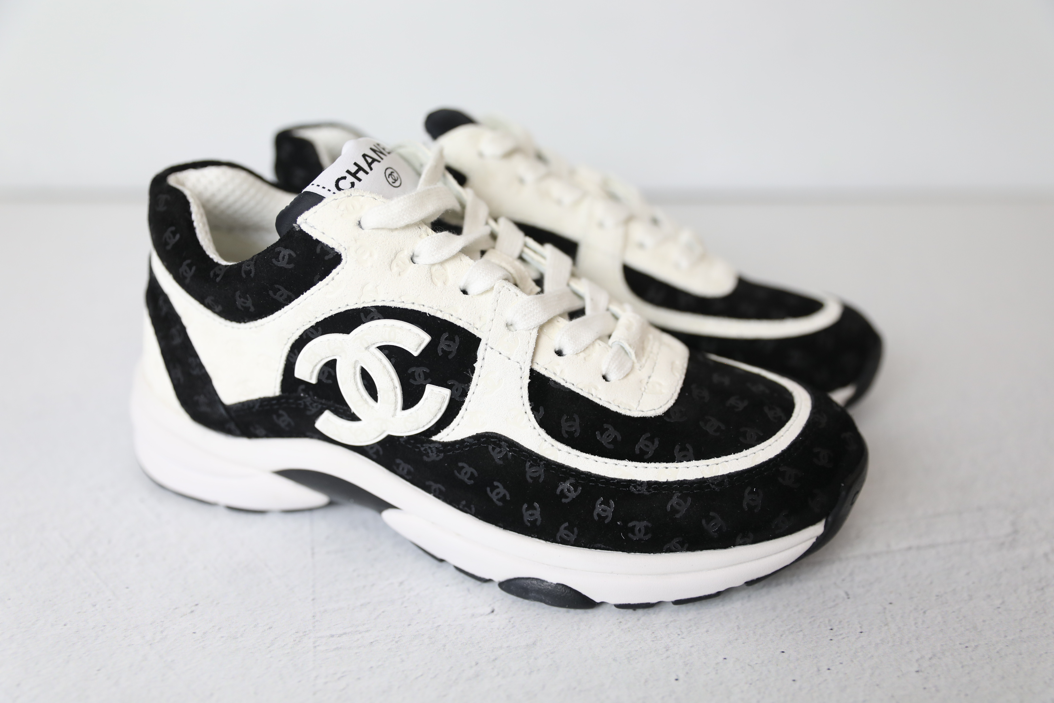 CHANEL, Shoes, Brand New Authentic Chanel Printed Cc Logo Sneakers 36  Black And White