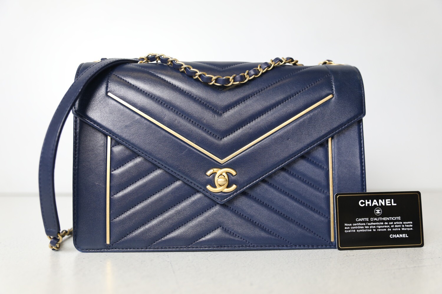 Chanel Reversed Chevron Envelope Flap, Navy and Gold with Gold Hardware ...