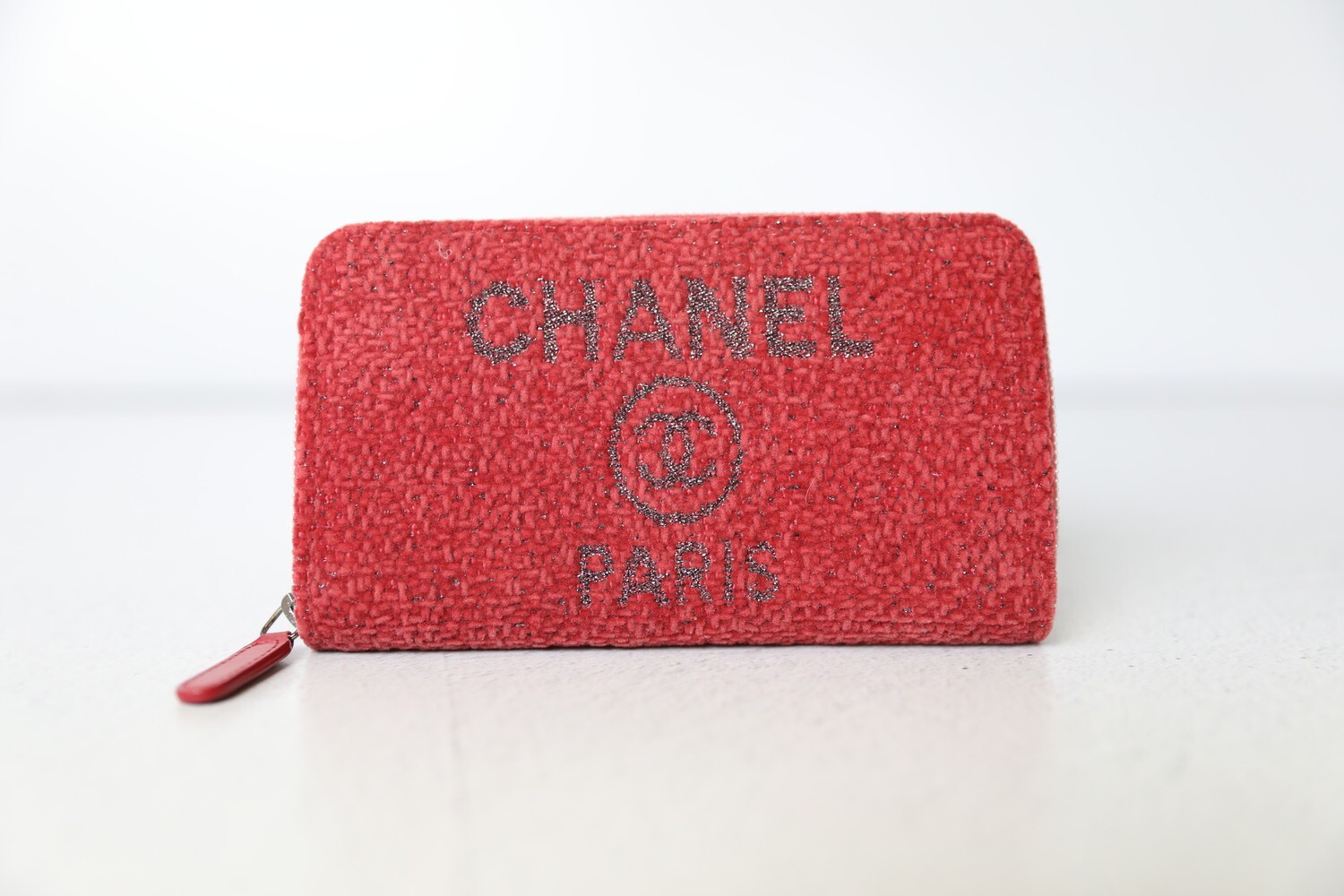 Chanel Deauville Medium Zip Wallet, Red Tweed with Silver Hardware, Preowned in Box WA001