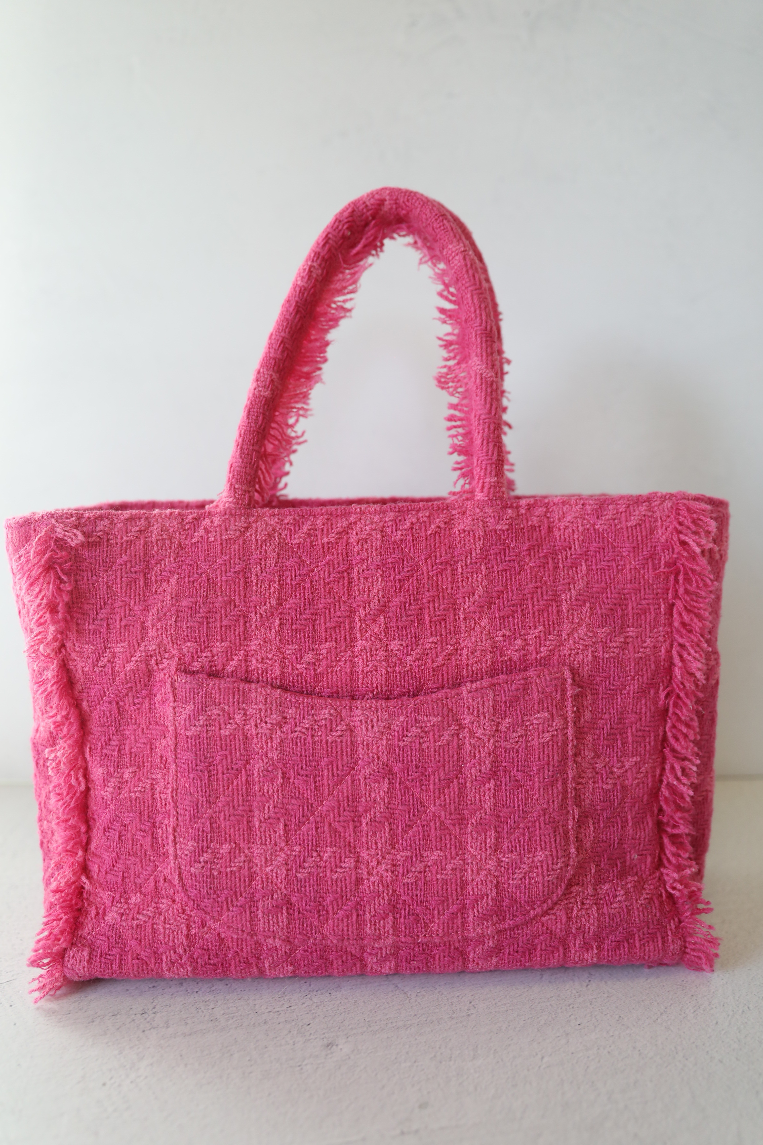 CHANEL Vinyl Quilted Funny Tweed Tote Fuchsia 1285645
