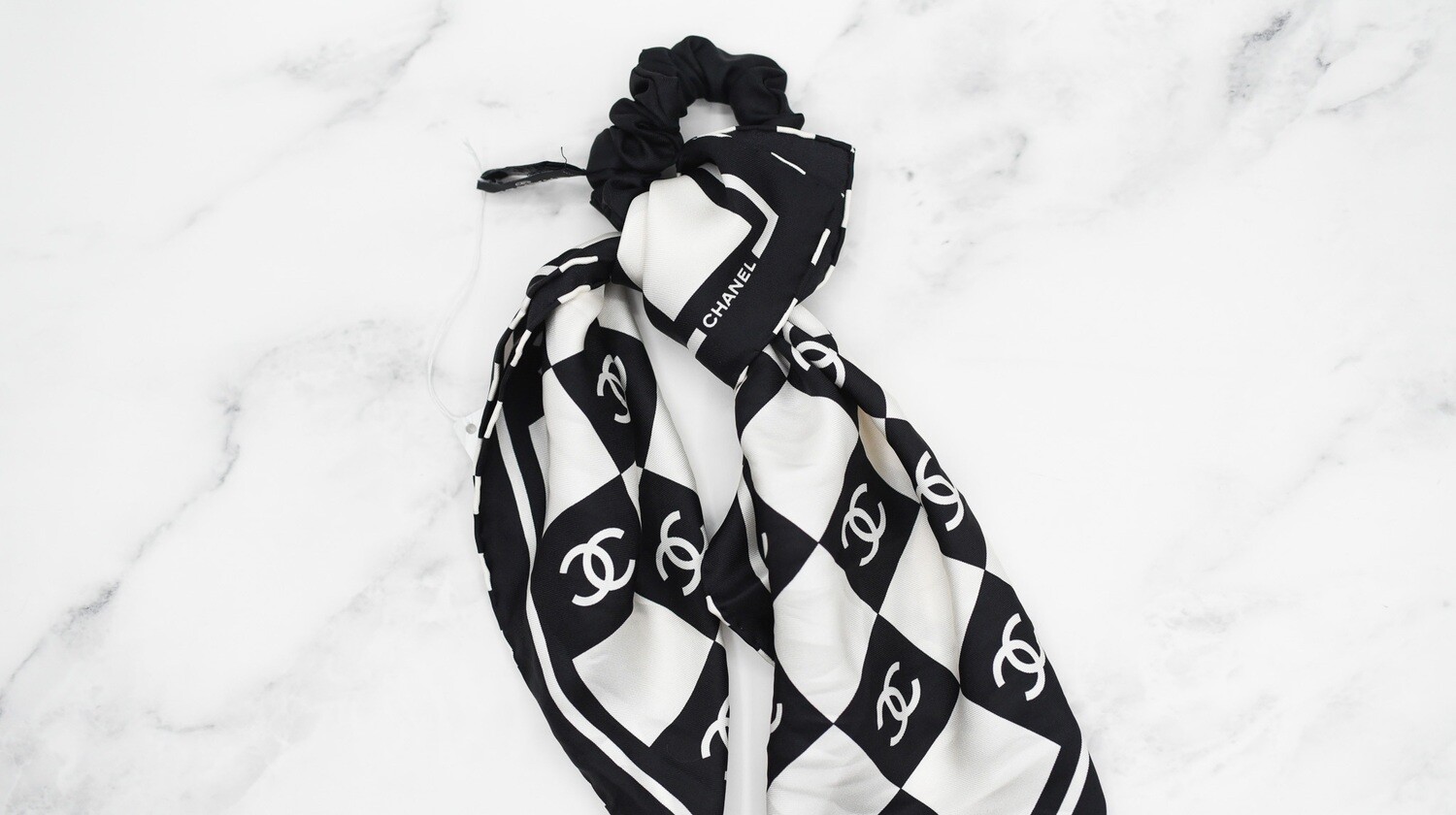 Chanel Silk Hair Tie Scarf with Scrunchie, Black and White, New in Box GA001