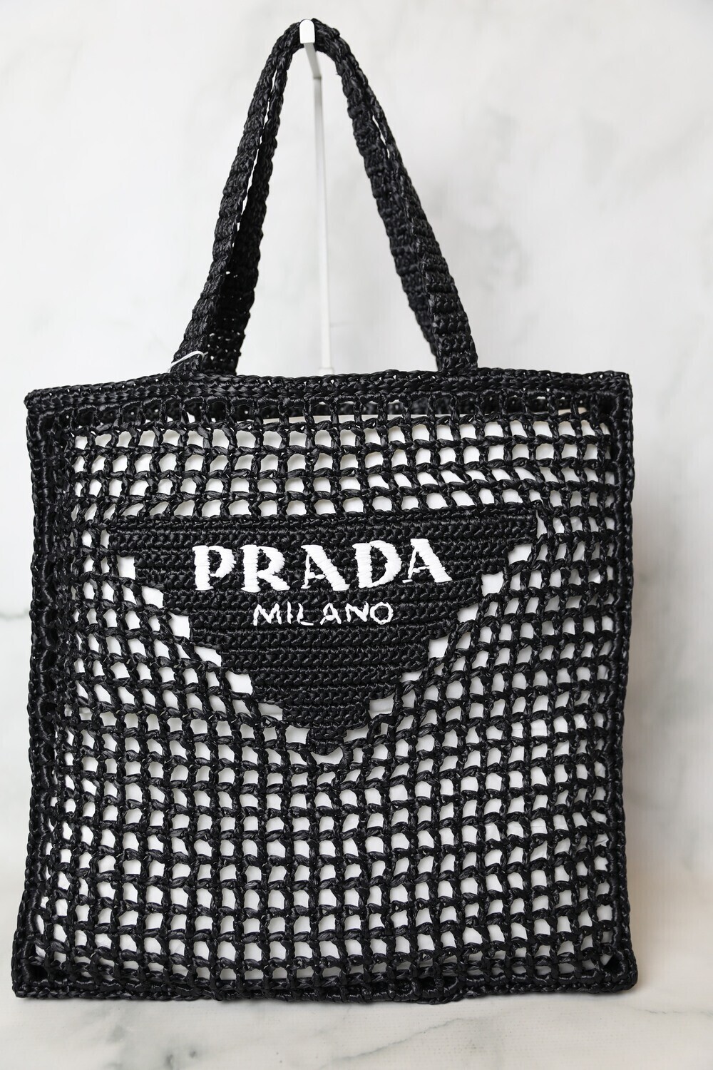 Prada Raffia Tote, Black Open Weave, New in Dustbag MA001