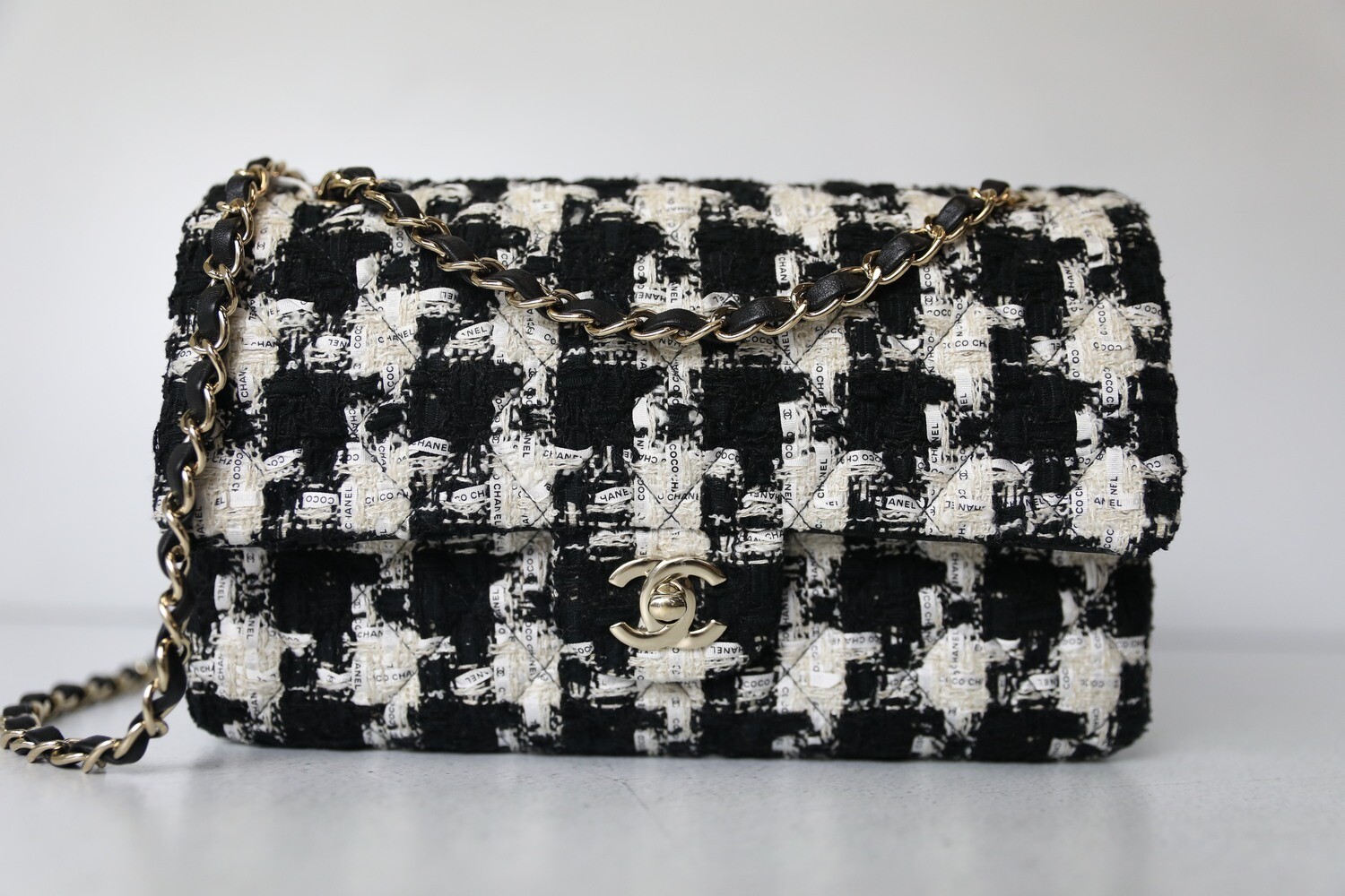 Chanel Classic Medium Double Flap, Black and White Ribbon Tweed with Gold  Hardware, Preowned in Box WA001 - Julia Rose Boston