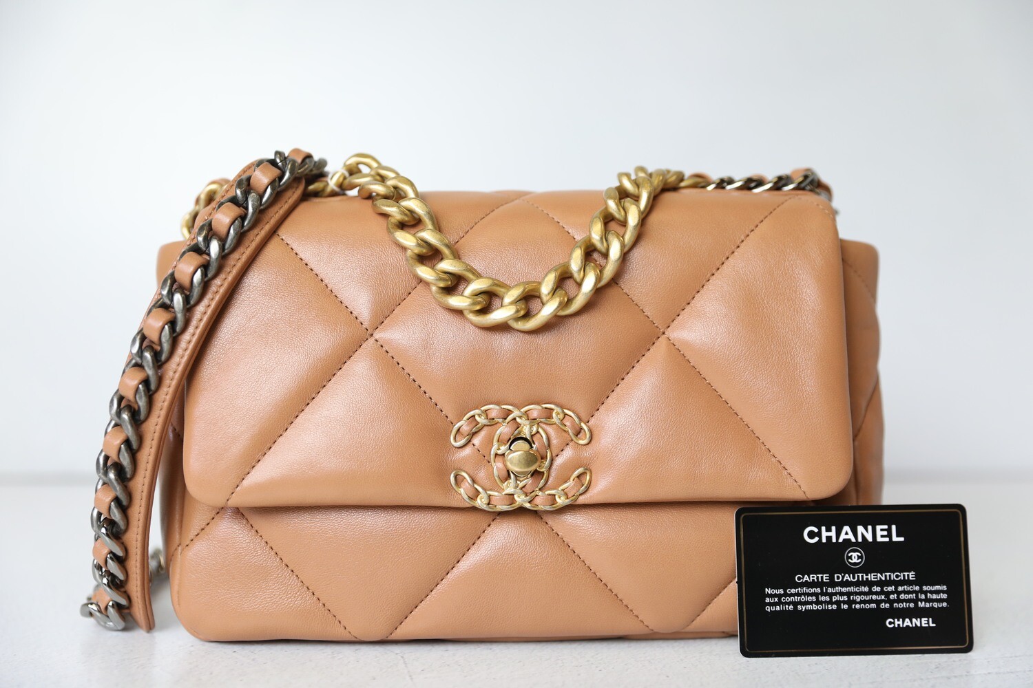 Chanel 19 Small, Caramel Brown Lambskin Leather, Preowned in Box WA001