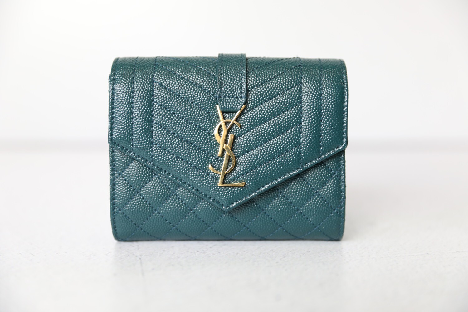 Saint Laurent Envelope Wallet, Green Pebbled Leather with Gold Hardware, Preowned No Dustbag WA001