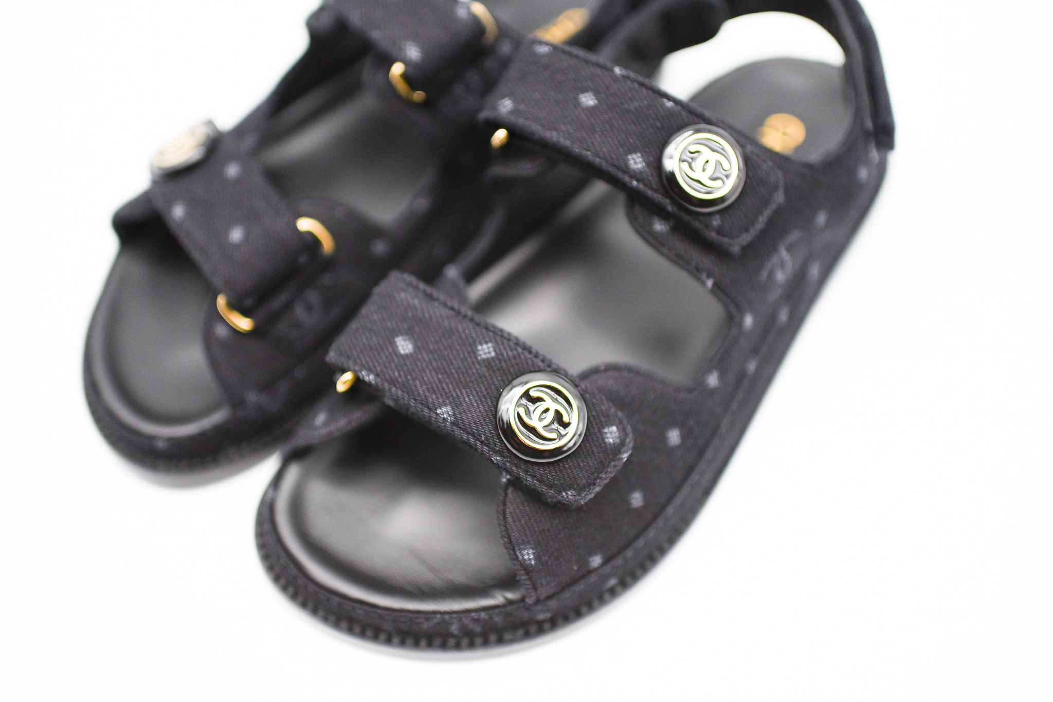 Chanel Sandals Dad, Black Denim, Size 36.5, New in Box MA001