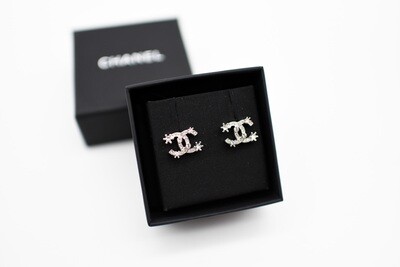 Chanel Earrings CC Studs with Prongs, Silver Hardware, New in Box MA001