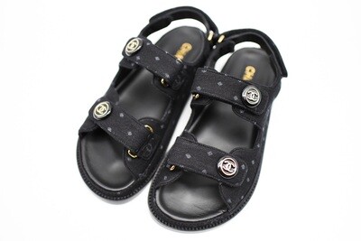 Chanel Sandals Dad, Black Denim, Size 36.5, New in Box MA001