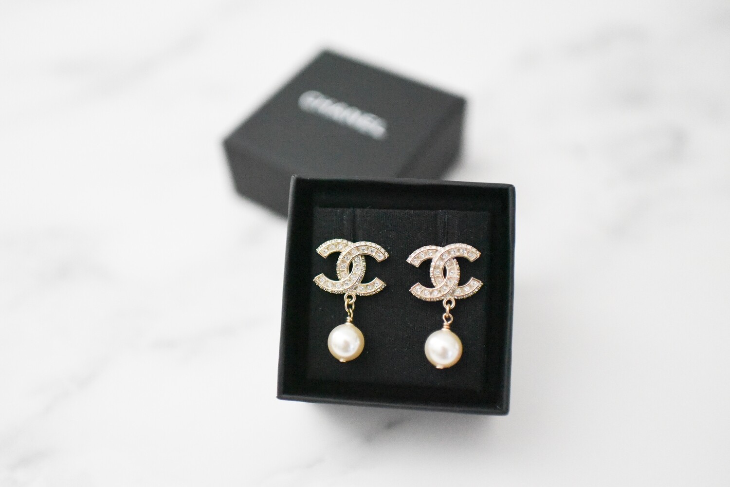 Chanel Pearl Drop Earrings CC Studs in Gold, New in Box GA001