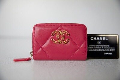 Chanel 19 Zip Around Cardholder Wallet, Pink Lambskin, Preowned in Box WA001