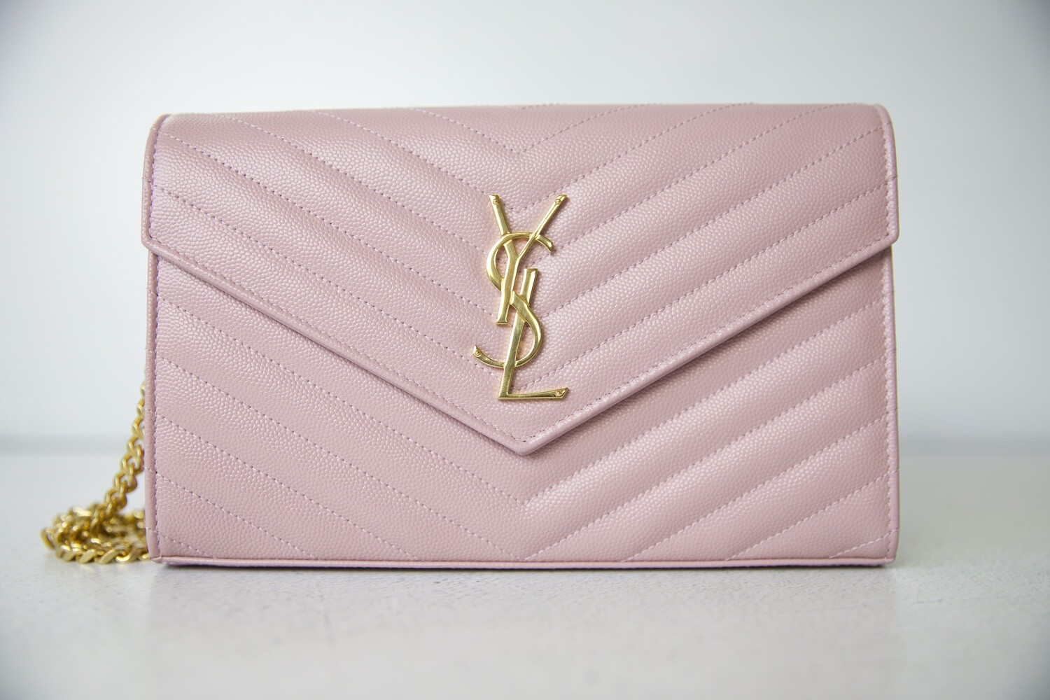 Saint Laurent Wallet on Chain Small, Pink Caviar with Gold Hardware,  Preowned in Box WA001
