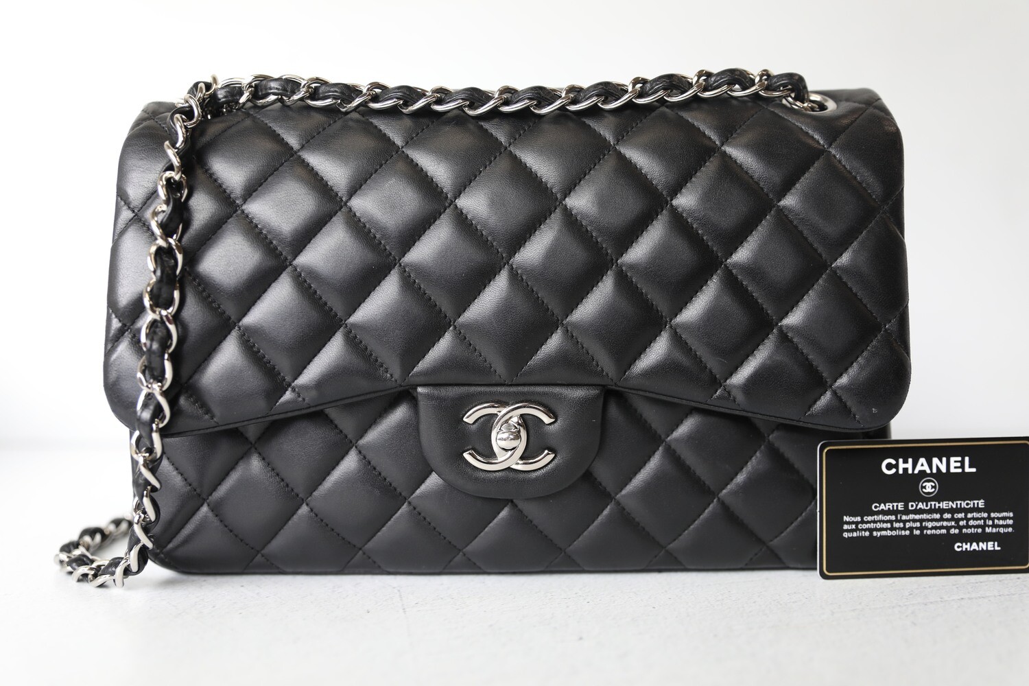 Chanel Classic Jumbo, Black Lambskin with Silver Hardware, Preowned in Box WA001