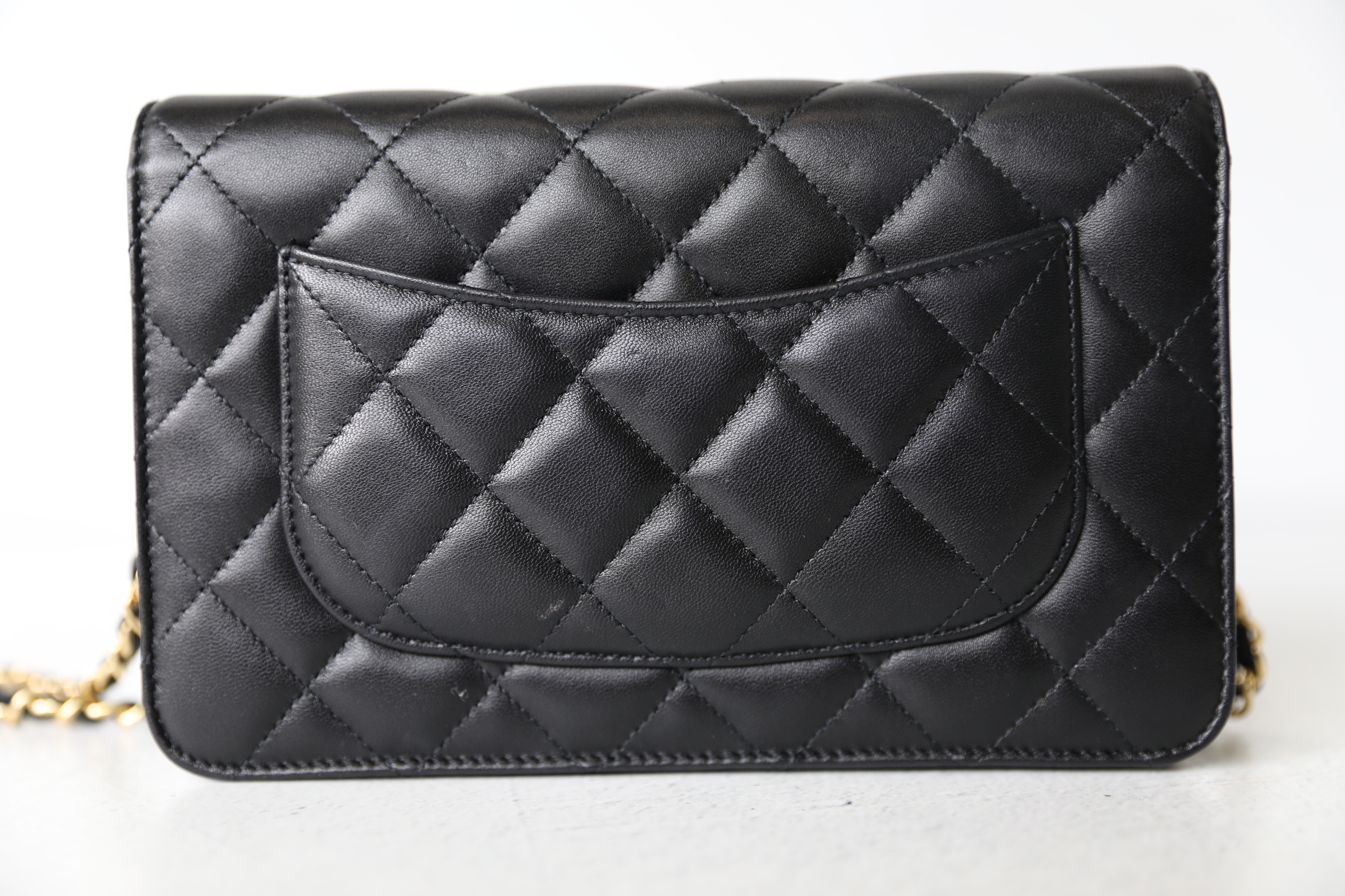 CHANEL Lambskin Quilted Mini Camellia Bow Wallet On Chain WOC Black 1128134
