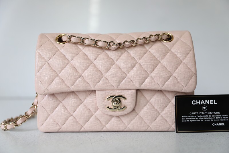 Chanel Classic Small, 21C Rose Claire Caviar with Gold Hardware