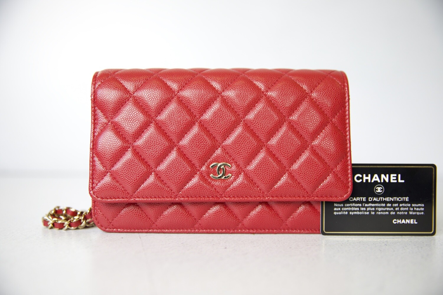 Chanel Classic Wallet on Chain, Red Caviar with Gold Hardware, Preowned in Box WA001