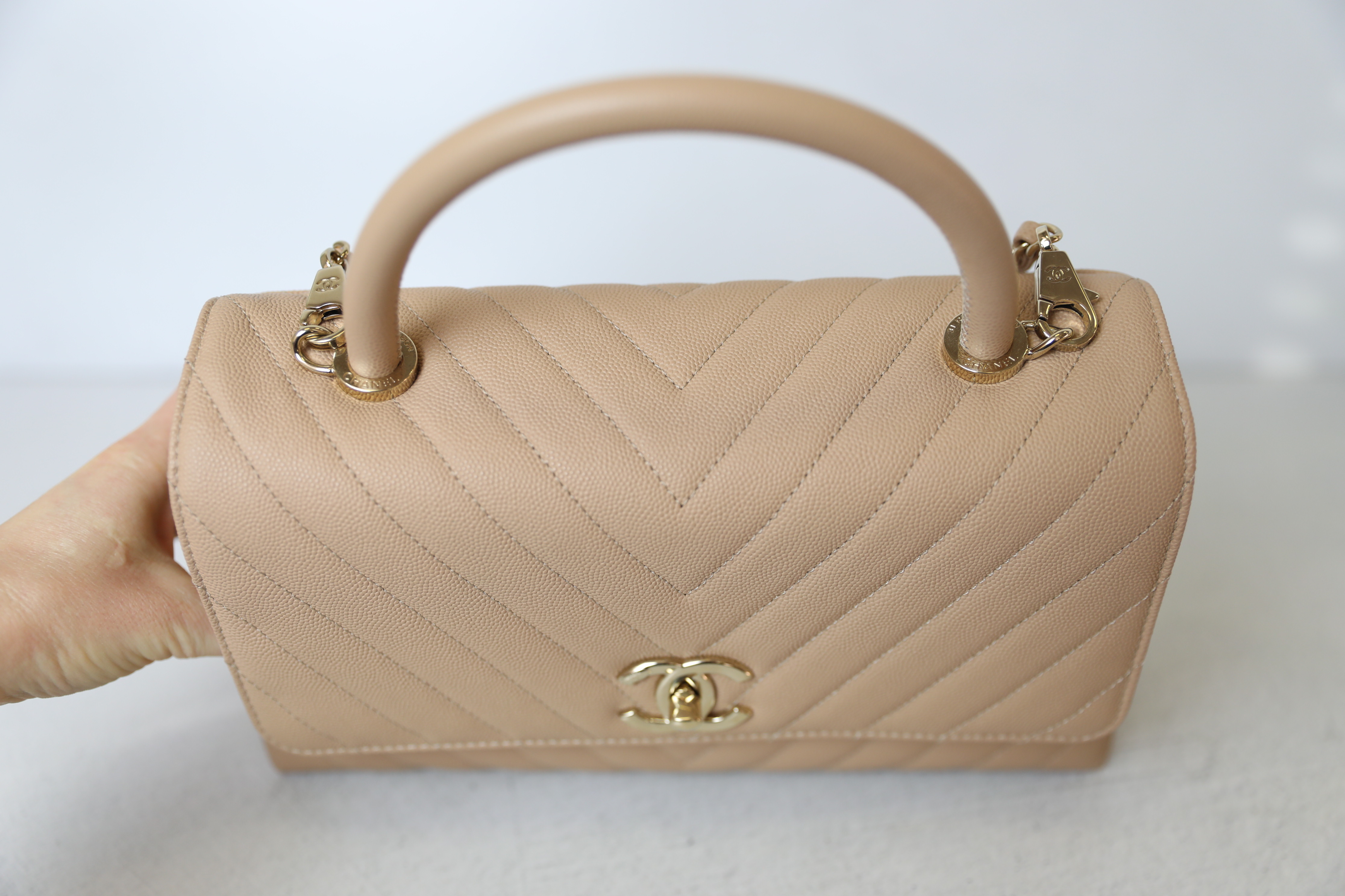 CHANEL Caviar Chevron Quilted Small Coco Handle Flap Beige 1213278
