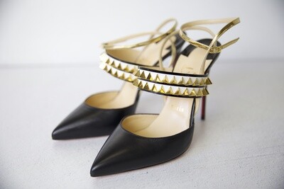 Christian Louboutin Studded Ankle Wrap Heels, Black and Gold, Size 40, New in Box WA001