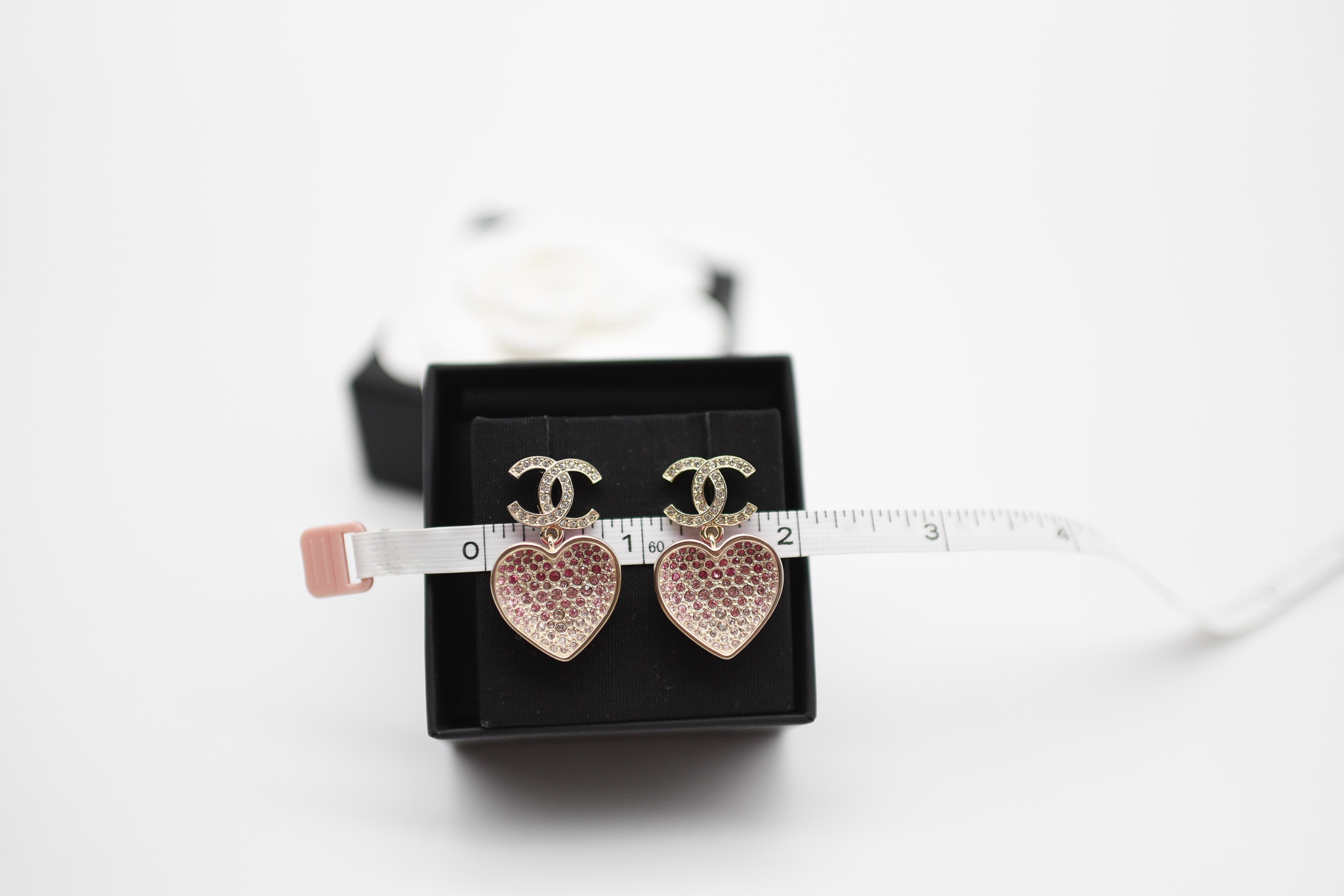Chanel Earrings Heart Drop, Pink Crystals, Gold Hardware, New in Box GA001