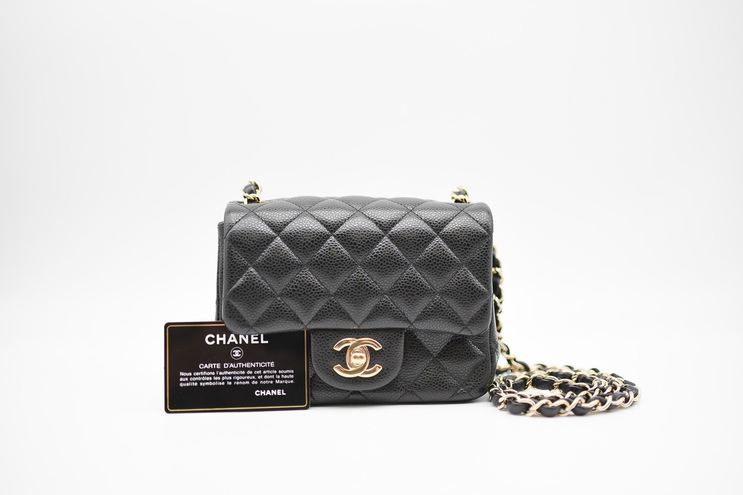 Chanel Classic Mini Square Flap, Black Caviar Leather, Gold Hardware,  Preowned in Dustbag MA001