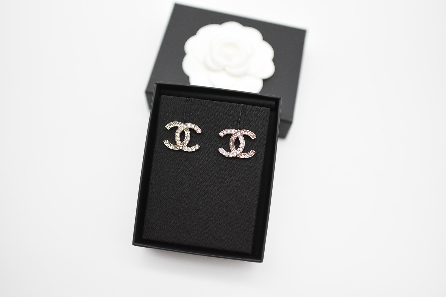 Chanel Earrings Large CC Stud with Crystals, Gold Hardware, New in Box MA001