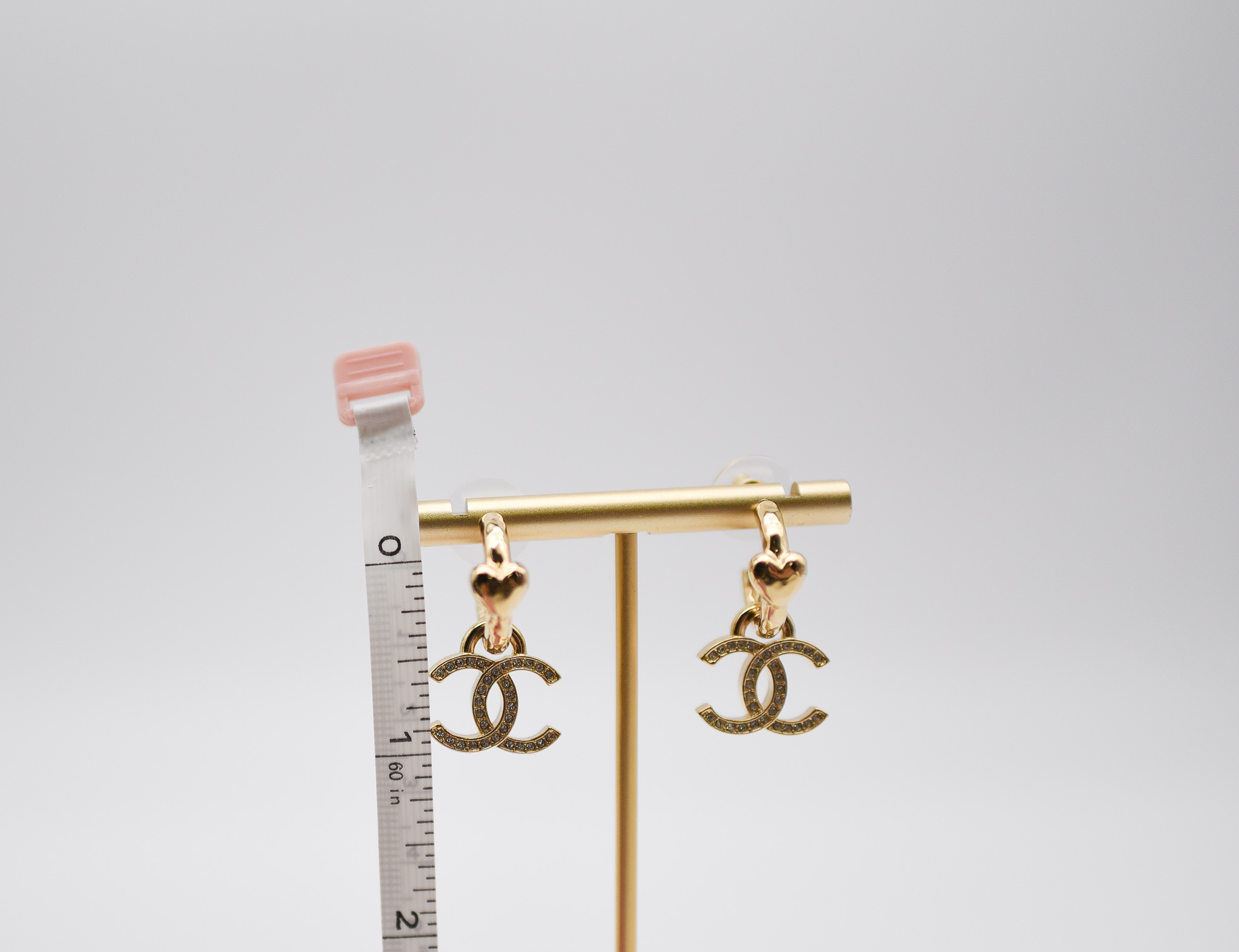 Chanel Earrings CC Drop with Hammered Heart Hoop, Gold Hardware