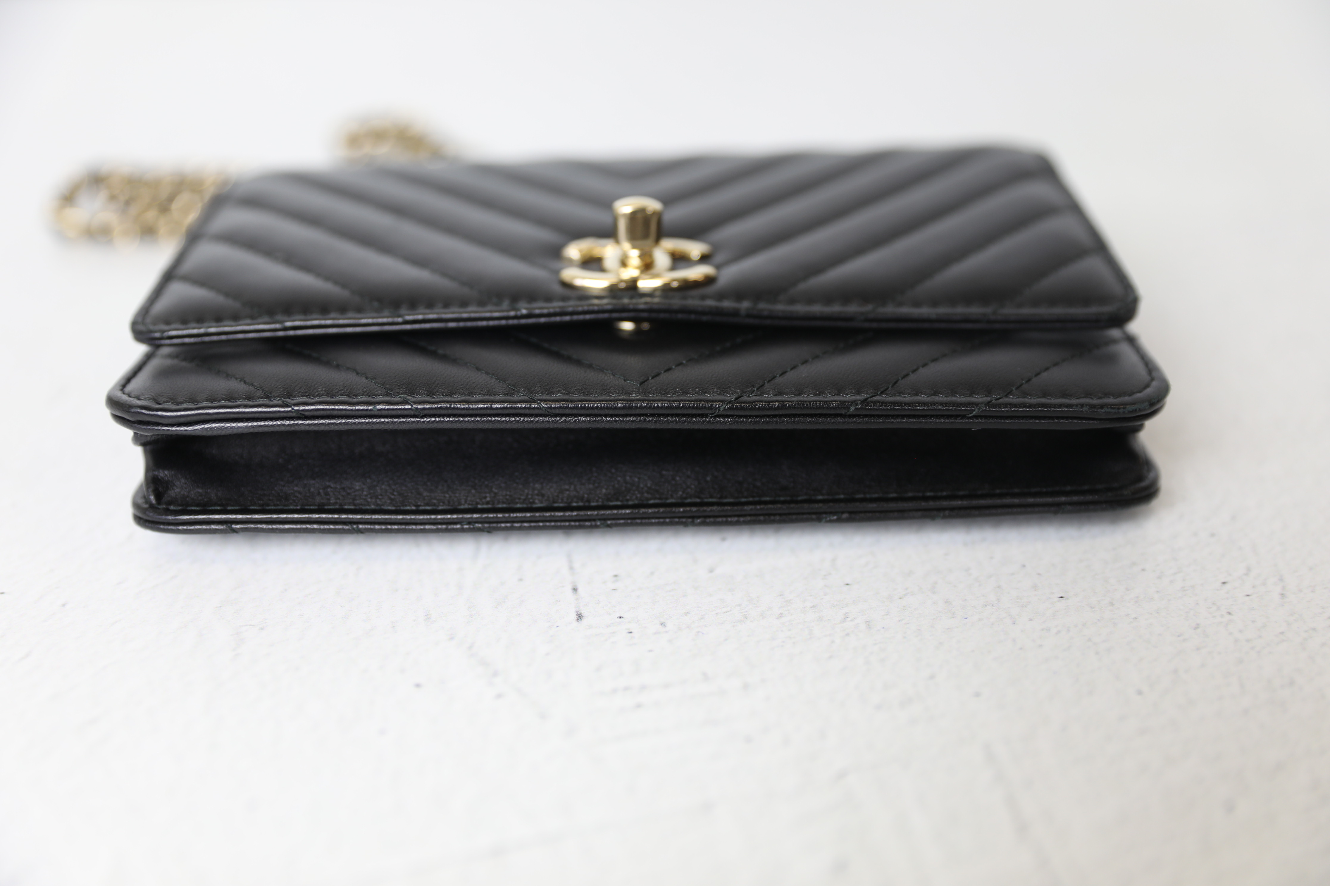 Chanel Trendy Wallet on Chain, Black Chevron Lambskin with Gold Hardware,  Preowned in Box WA001