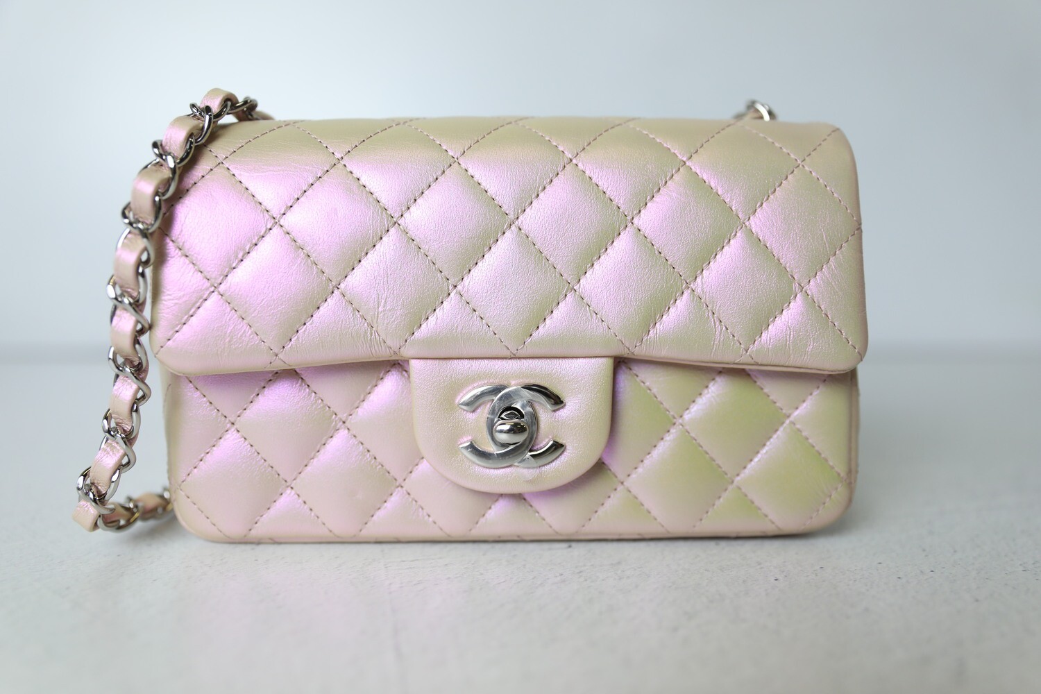 Chanel Classic Mini Rectangular Single Flap, Iridescent Pink Calfskin  Leather with Silver Hardware, Preowned in Box WA001