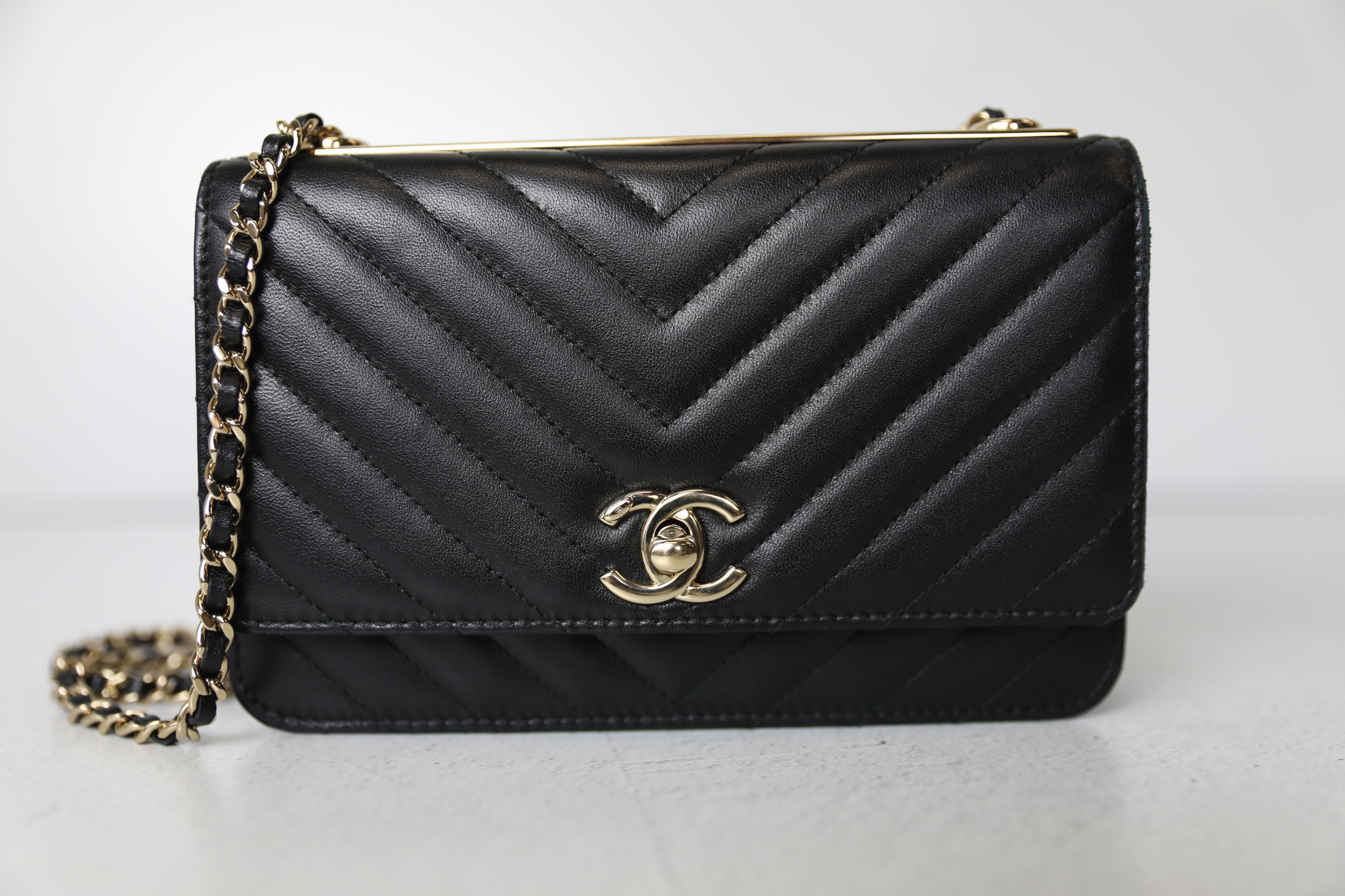 Chanel Trendy CC WOC Wallet on Chain Chevron Black Lambskin Gold Hardw –  Coco Approved Studio
