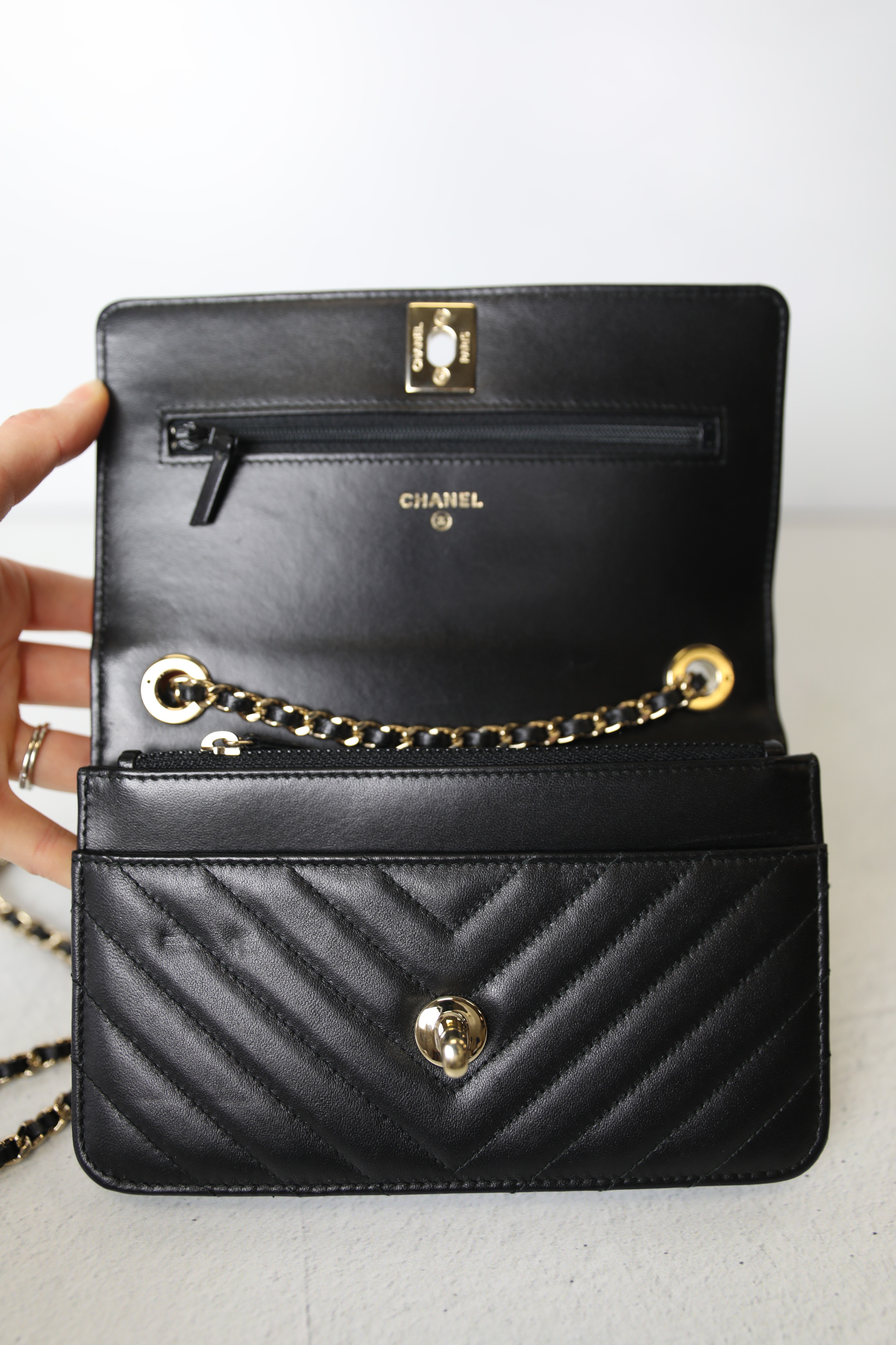 Chanel Trendy Wallet on Chain, Black Chevron Lambskin with Gold Hardware,  Preowned in Box WA001