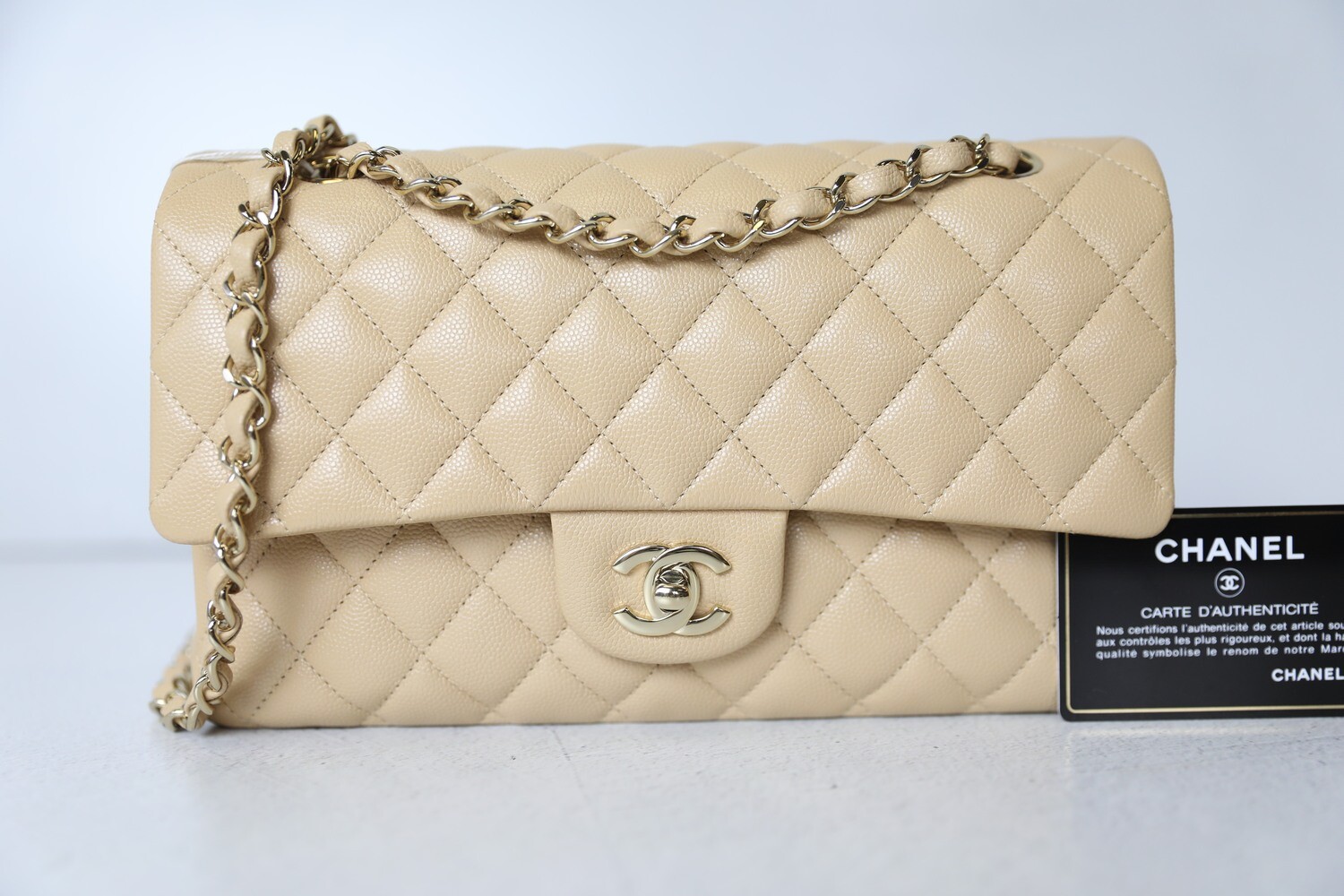 Chanel Classic Medium, Beige Clair Lambskin with Gold Hardware, Preowned in  Box WA001