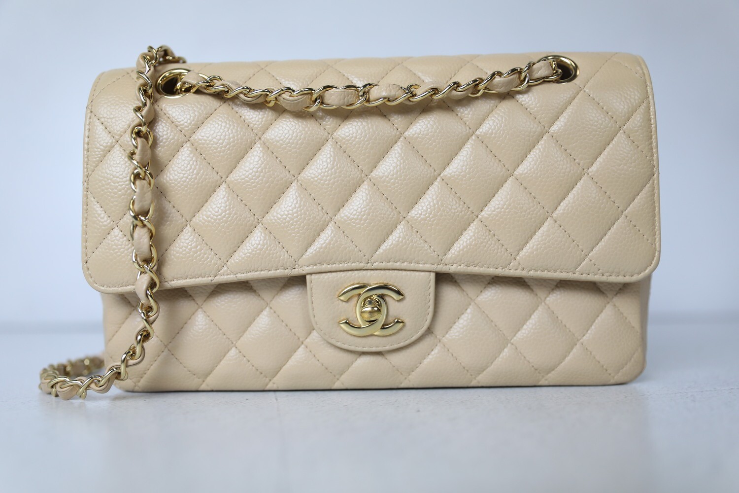 Chanel Classic Medium, Beige Caviar with Gold Hardware, Preowned in Dustbag  WA001