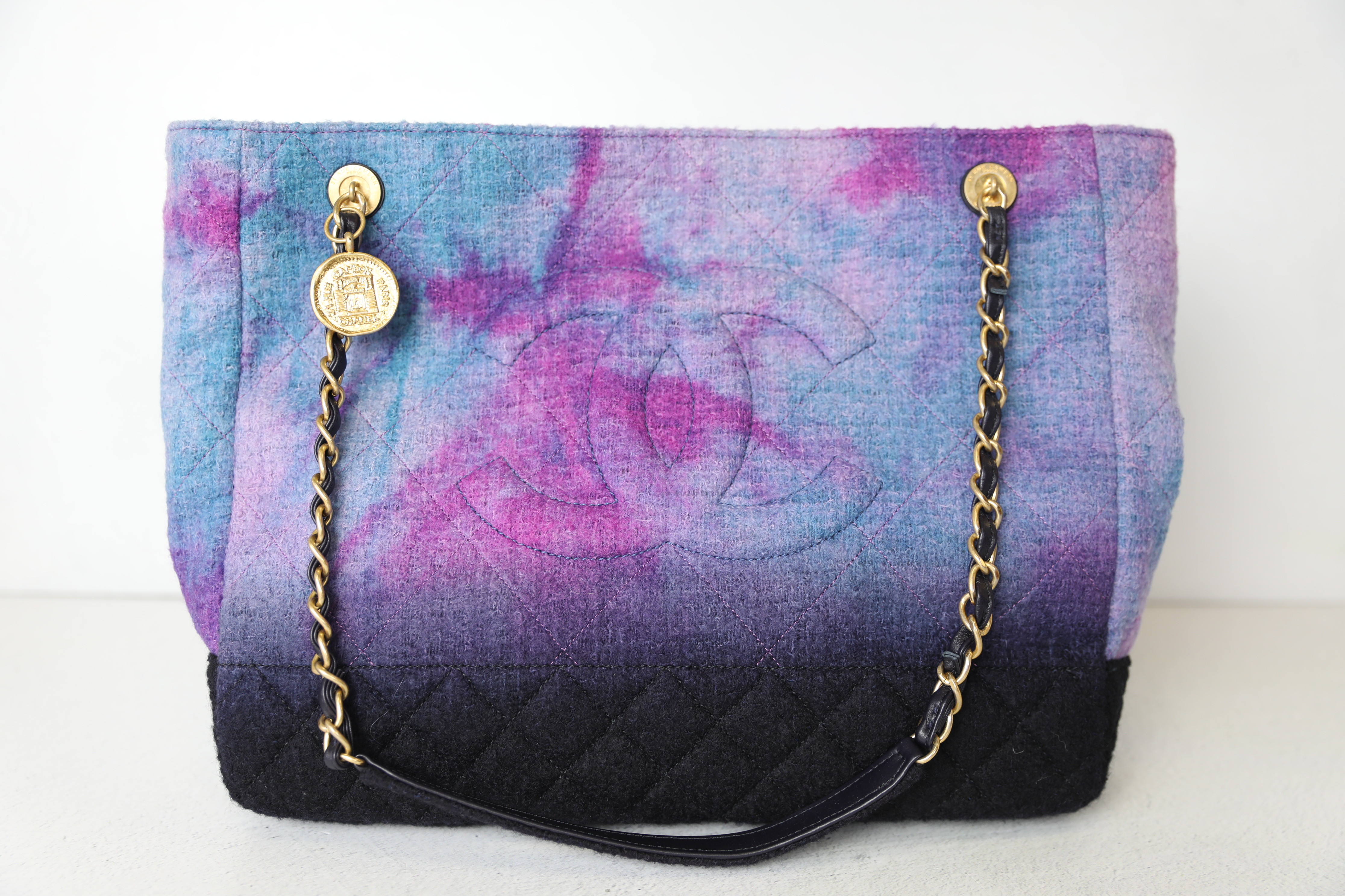 Chanel Shopping Tote, Black Purple Blue Wool with Gold Hardware