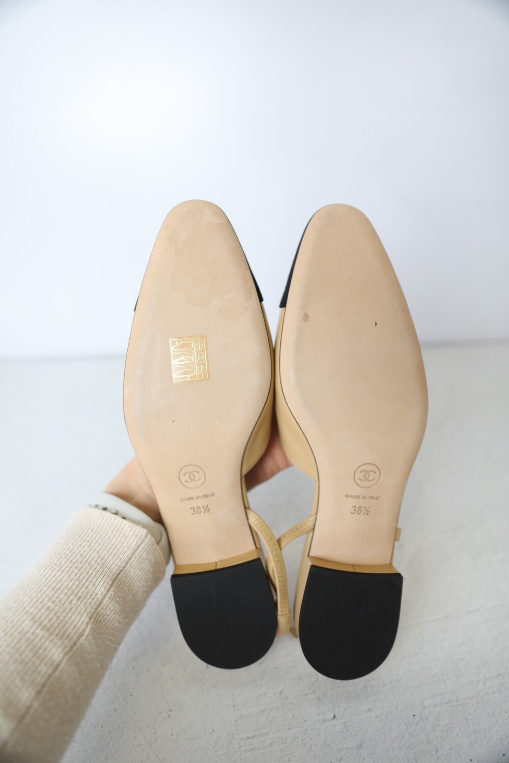 Chanel Shoes Slingback Flats, Beige and Black, Size 38.5, As