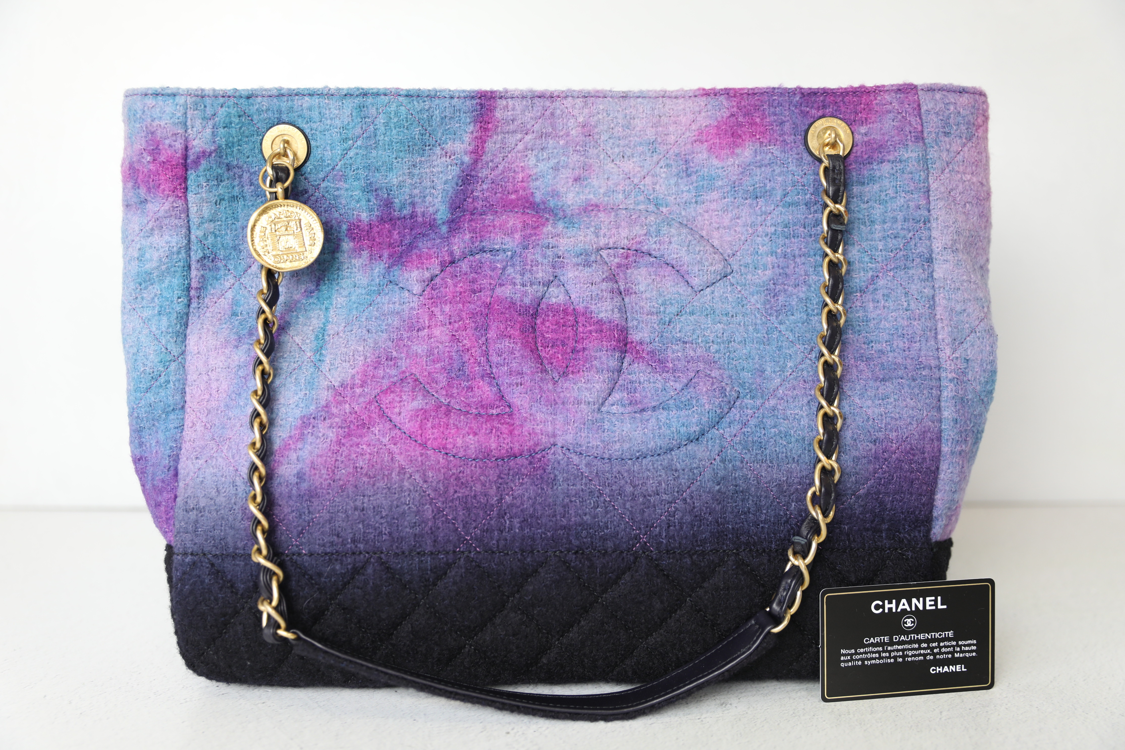 Chanel Shopping Tote, Black Purple Blue Wool with Gold Hardware