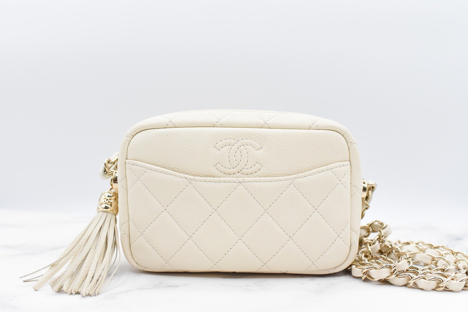 Chanel Mini Coco Tassel Camera Bag, Ivory Caviar Leather with Gold Hardware,  Preowned in Box GA001 - Julia Rose Boston