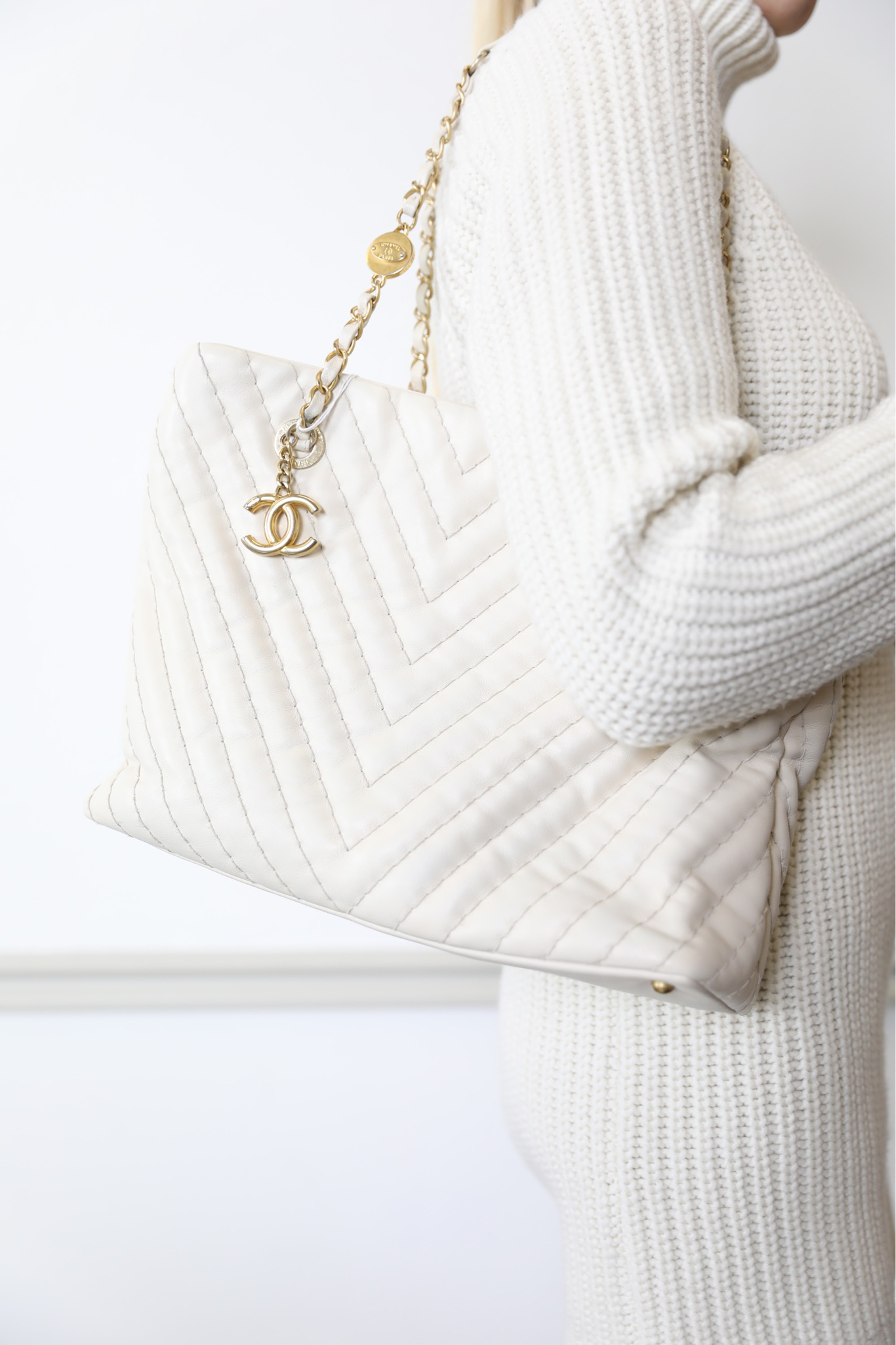 Chanel Shopping Tote, White Chevron with Gold Hardware, Preowned