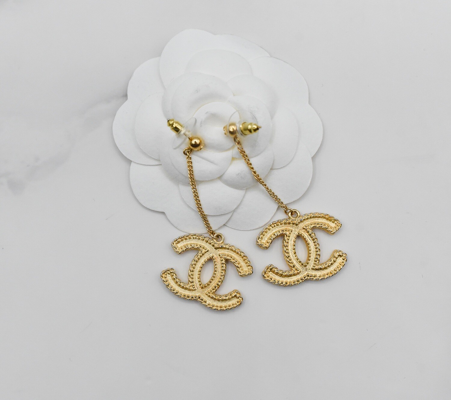 Chanel Earrings, Drop CC Matte Gold Earrings, Preowned In Box GA001