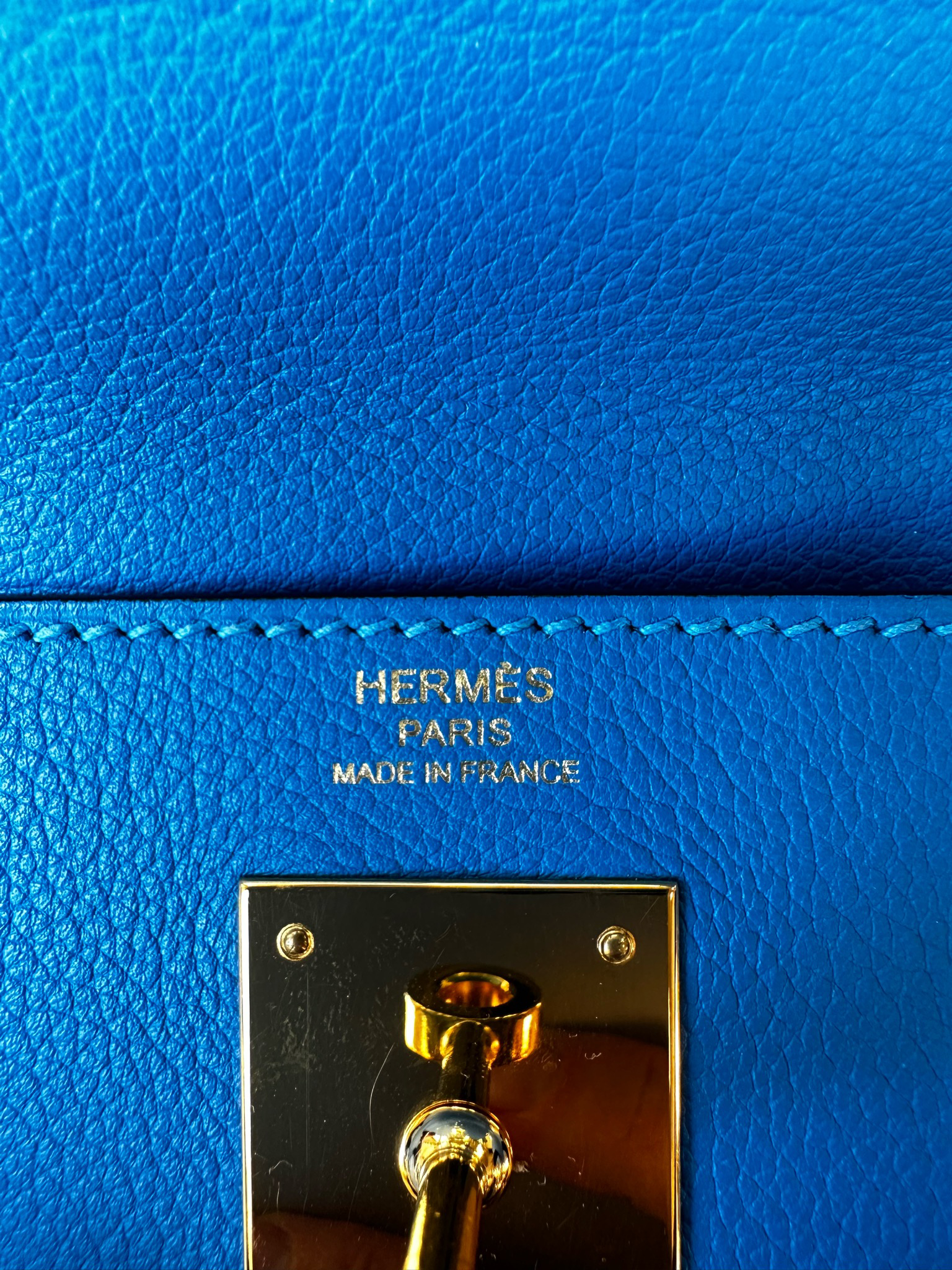Hermes Kelly 28, Blue Zanzibar Evercolor Leather with Gold Hardware,  Preowned in Dustbag WA001 - Julia Rose Boston