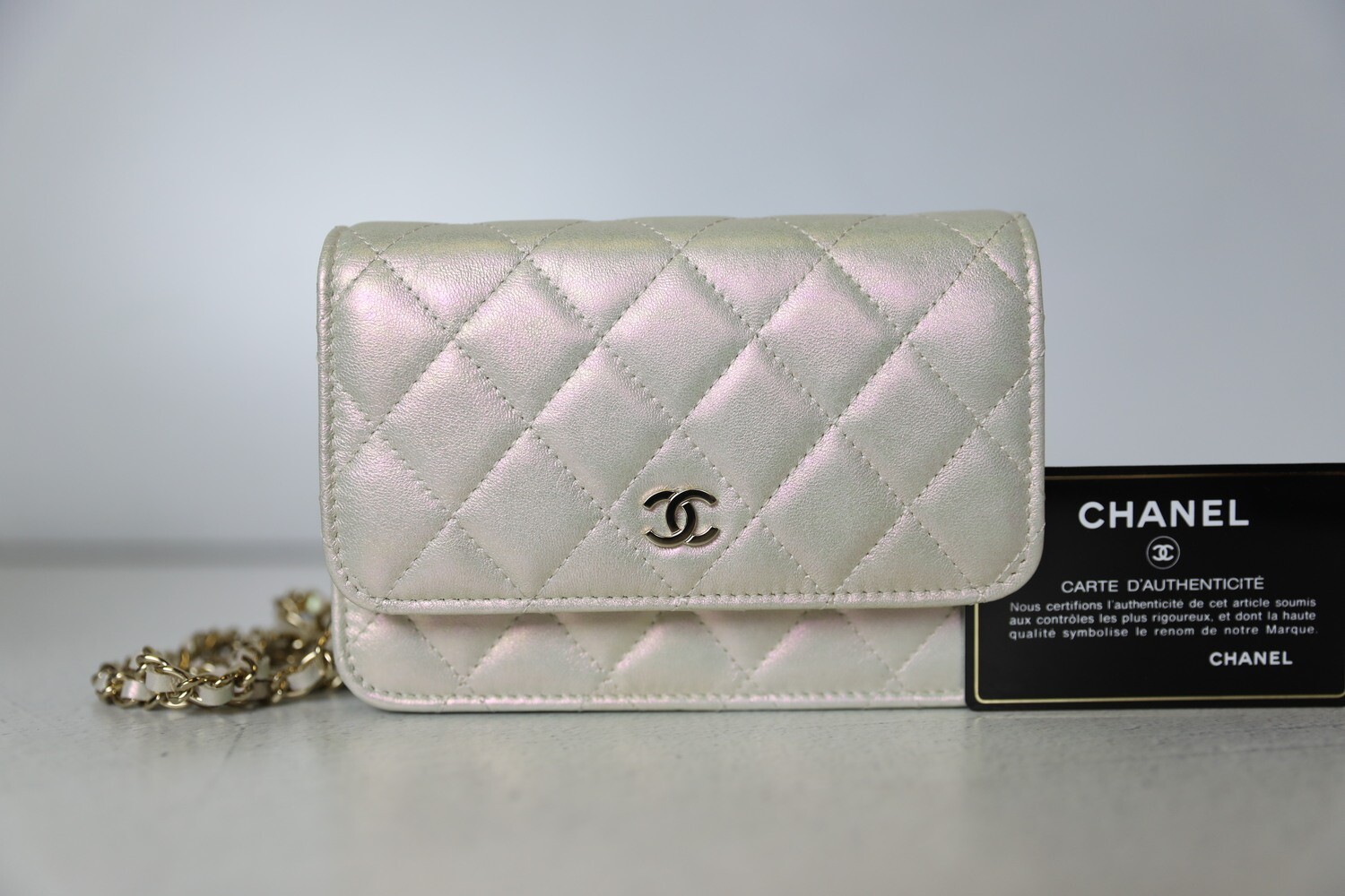 CHANEL Iridescent Lambskin Quilted Mini Wallet On Chain WOC Ivory |  FASHIONPHILE