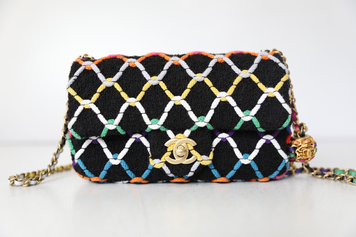 Chanel Pearl Crush Mini Rectangle Flap, Rainbow Knit Fabric with Gold Hardware, Preowned in Box WA001