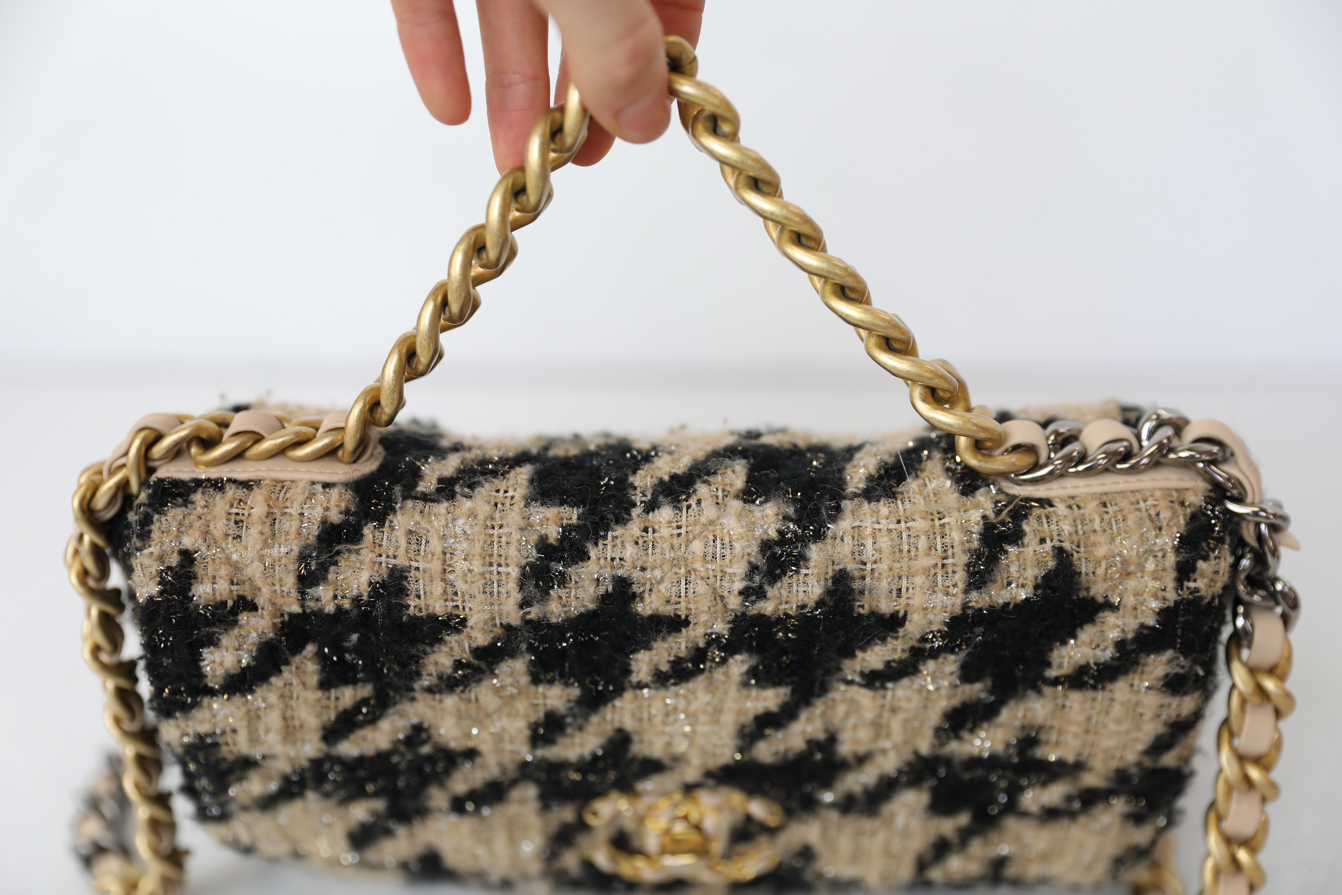 Chanel 19 Small, Beige and Black Houndstooth Tweed, Preowned in Dustbag  WA001 - Julia Rose Boston
